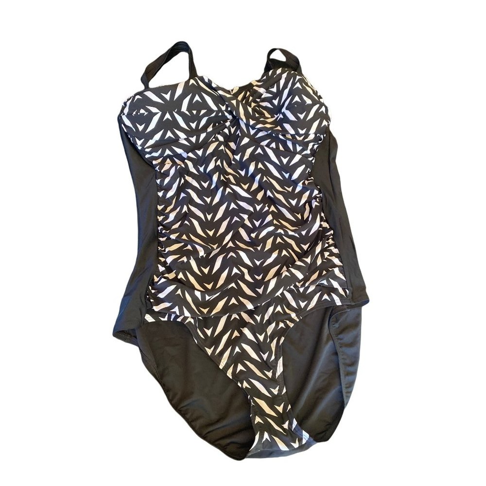 Emerald Bay Black White Ruched One Piece SwimSuit Size 22